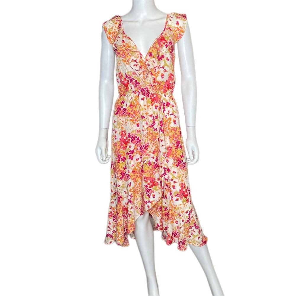Socialite Ruffle Print Wrap Midi Dress Orange Fuchsia Floral Women’s Sz S